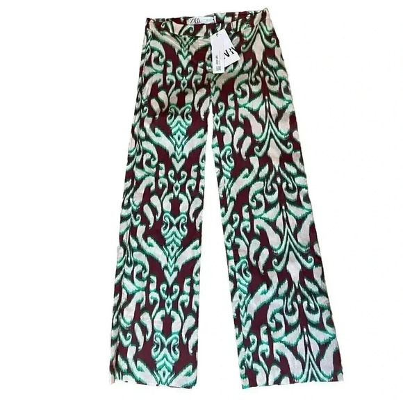 ZARA Printed mid-rise straight leg Front zip Pants Size XS Brown Green Cream NWT - Picture 1 of 10